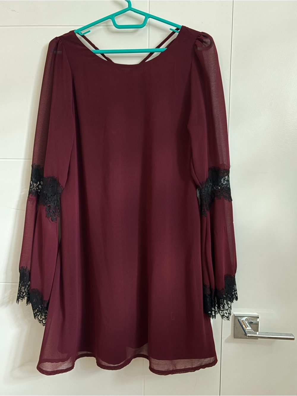Burgundy Long Sleeves with Black Lace Detail Slip Dress Whimsigoth